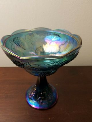 Vintage Blue Indiana Harvest Grape Carnival Glass Pedestal Candy Dish