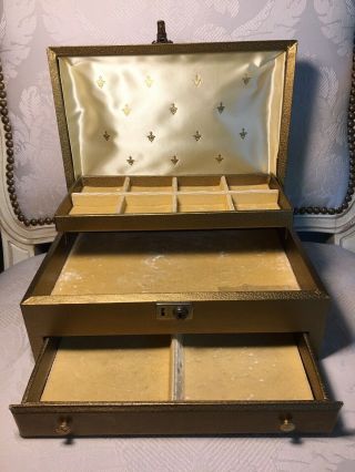 Vtg 60s Jewelry Box 2 Tier Drawer Gold Leatherette Lock Key