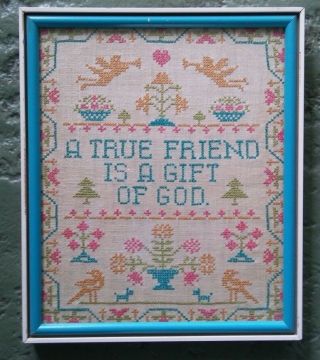 Vintage Framed Cross Stitch Sampler - A True Friend Is A Gift Of God