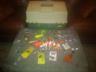 Vintage Plano Tackle Box & Variety Of Bobbers & Lures & 2 Stringers