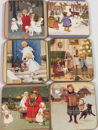Vtg Set Of 6 Coasters Cork Backed Melamine 4”x4” Victorian Christmas