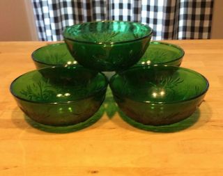 Vintage Anchor Hocking Forest Green Sandwich Glass Berry Bowl Set Of 5