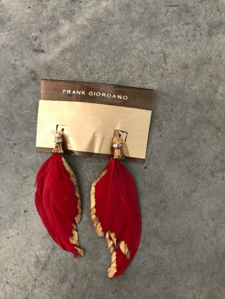 Vintage Retro Frank Giordano Red Feather Gold Dangle Earrings