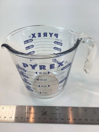 Vintage Pyrex Measuring Cup Blue Lettering Glass 1 Cup 8 Oz Open Handle