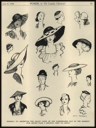 Vintage British Humor Cartoon - Ascot Fashionable Hat Styles - From Year 1934