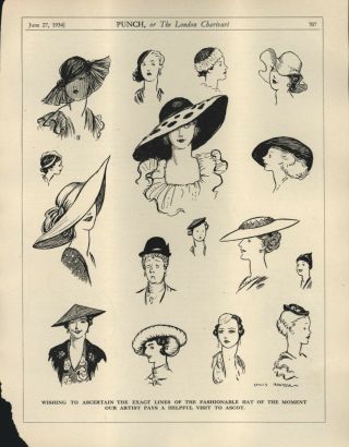 VINTAGE BRITISH HUMOR CARTOON - ASCOT FASHIONABLE HAT STYLES - FROM YEAR 1934 2