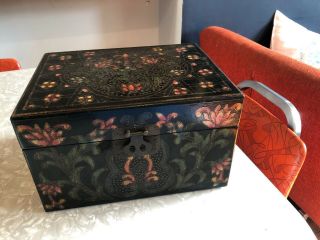 Vintage Chinese Trinket Box Hand Painted Cloisonné Look Black Floral Lacquer