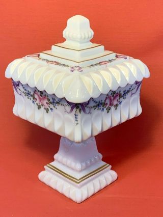 Vintage Westmoreland Hand Painted Milk Glass Wedding Pedestal Compote W/lid 10 "