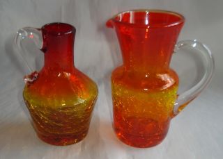 Vintage Hand Blown Amberina Crackle Glass Pitcher & Jug 4 3/4 Inch And 4 1/2 Inc