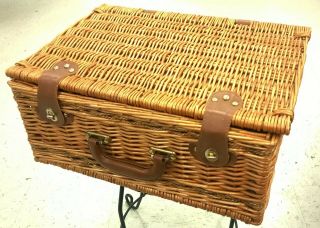 Vintage Woven Wicker Picnic Basket Lined Suitcase Leather Brass Boho Primitive