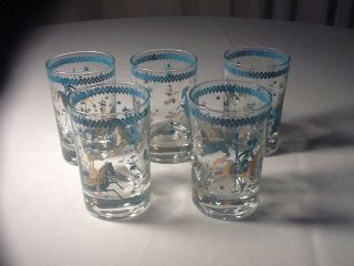 Vintage 5 Pc.  Turquiose And Gold Polo Players Juice Glasses