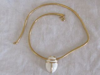 F8 Vintage Monet Snake Chain Necklace Gold White Enamel Scarab Beetle Pendant