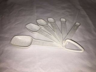 Vintage Tupperware Measuring Spoons - Set Of 7 Plus Ring,  White with blue Speckled 5