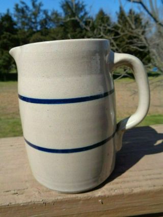 Vintage Hand Turned Pottery Milk Water Pitcher Cobalt Blue Stripe