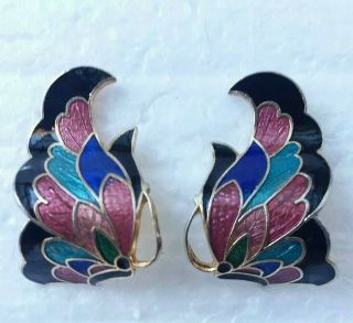 Cloisonne Butterfly Multi - Color Enamel Gold Tone Vintage Post Earrings