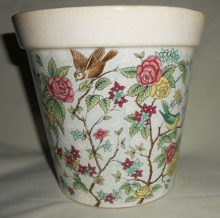 Vintage Ceramic Flower Pot Flowers And Birds Design