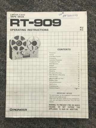 Pioneer Rt - 909 Reel To Reel 3 - Motor 4 - Head Tape Deck Operating Instructions Orig