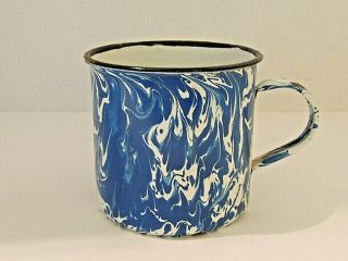Vintage Swirl Blue & White Black Trimmed Enamel/granite Ware Cup Mug W/ Handle