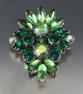 Vintage 50’s Green Crystal Glass Rhinestone Bead Brooch Pin