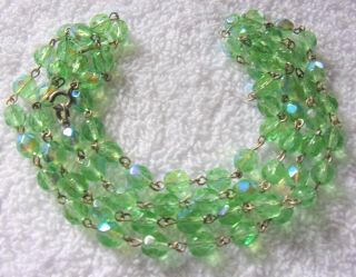 Vintage Silverplate Green Czech Glass Aurora Borealis Crystal Bead Necklace 30 "