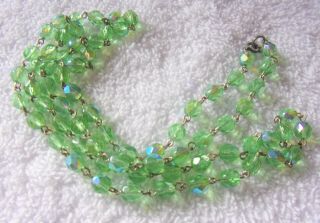 Vintage Silverplate Green Czech Glass Aurora Borealis Crystal Bead Necklace 30 