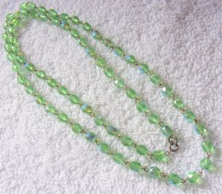 Vintage Silverplate Green Czech Glass Aurora Borealis Crystal Bead Necklace 30 