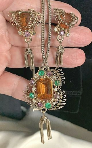 Vintage Topaz Rhinestone Necklace Earring Set Metal Fan Design1940’s? Dangles