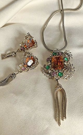 Vintage Topaz Rhinestone Necklace Earring Set Metal Fan Design1940’s? Dangles 2