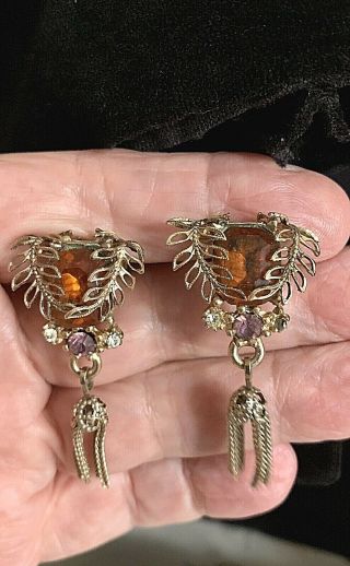 Vintage Topaz Rhinestone Necklace Earring Set Metal Fan Design1940’s? Dangles 3