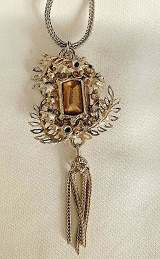 Vintage Topaz Rhinestone Necklace Earring Set Metal Fan Design1940’s? Dangles 5