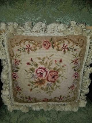 Vtg 14 " Shabby Chic French Country Floral Rose Needlepoint Fringe Throw Pillow