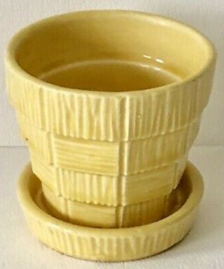 Vintage Mccoy Yellow Pottery Planter Pot W Saucer Basket Weave Pattern 3 1/4 "