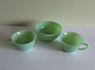 Vintage Fire King Jadite Jane Ray Coffee Cups And Restaurant Ware Cereal Bowl