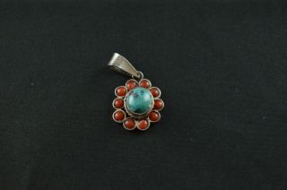Vintage Sterling Silver Turquoise & Coral Stone Flower Pendant - 3g