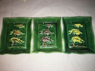 3 Vintage Walker Potteries Green Bonsai Tree Wall Hangings Ceramic Dish Pottery