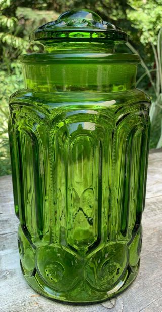 Vintage L.  E.  Smith Moon & Stars Canister Apothecary Jar Green Glass Large 2