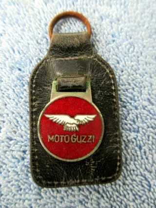 Vintage Italian Motor Cycle Moto Guzzi Enamel & Real Leather Key Fob