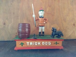 Vintage Cast Iron Trick Dog Circus Clown Hoop Mechanical Coin Bank Metal Toy