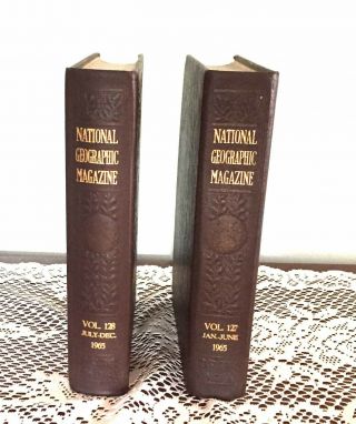 1965 National Geodraphic Leather Bound Volumes 2 Vol.  Set Jan.  - Dec.  Good Cond.
