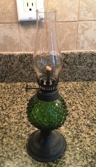 Very Vintage Green Hobnail Glass,  Fenton? Oil Lamp 9.  5” Tall