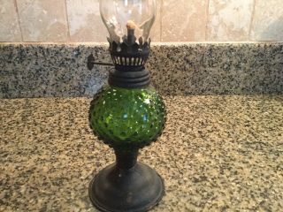 Very Vintage Green Hobnail Glass,  Fenton? Oil Lamp 9.  5” Tall 2