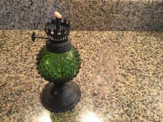 Very Vintage Green Hobnail Glass,  Fenton? Oil Lamp 9.  5” Tall 3