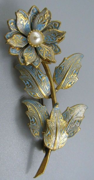 High End Vintage Jewelry Signed Spain Damascene Flower Brooch Pin Rhinestone O