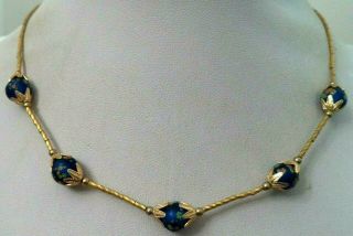 Stunning Vintage Estate Blue Floral Bead Gold Tone 15.  5 " Necklace 5422u