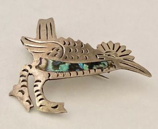 Large Vintage Sterling Silver Signed Taxco Mexico Abalone Shell Road Runner Pin