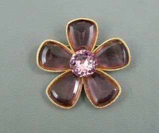 Vintage Signed Capri Open Back Purple Glass & Pink Rhinestone Flower Brooch Pin