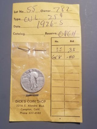 1926 - S Standing Liberty Quarter,  From Vintage 1960s Bid Board,  Dick 