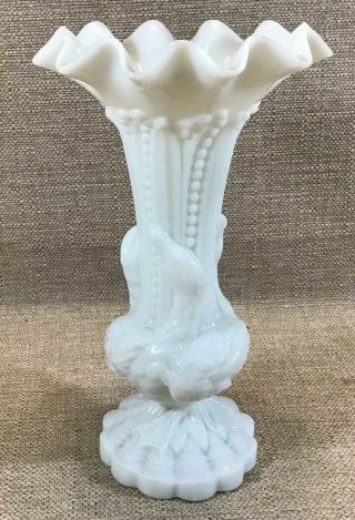 Vintage Fenton ? Scalloped Milk Glass Vase W Duck Design