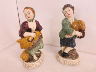Pair 7.  5 " Vintage Italian Borghese Niepold Male Piper /female Figurines Harvest