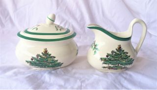 Vintage Spode England Christmas Tree Sugar Bowl And Creamer S3324
